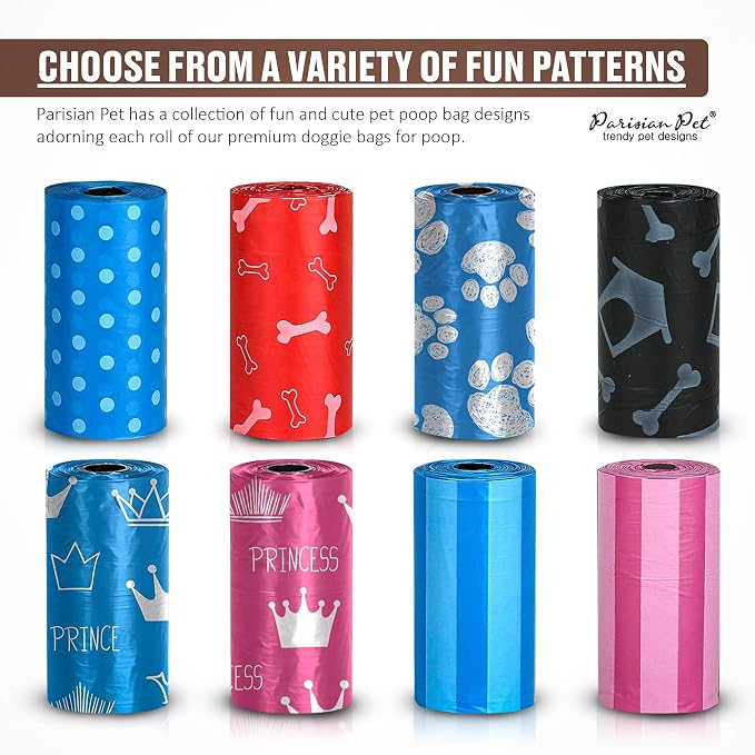 Parisian Pet Ecofriendly Dog Poop Bags Rolls - 320 Count Unscented Poop Bags For Dogs - Leakproof, Extra Thick, 16 Dog Waste Bags Refill Rolls - Stripes Dots Pink Doggie Poop Bags