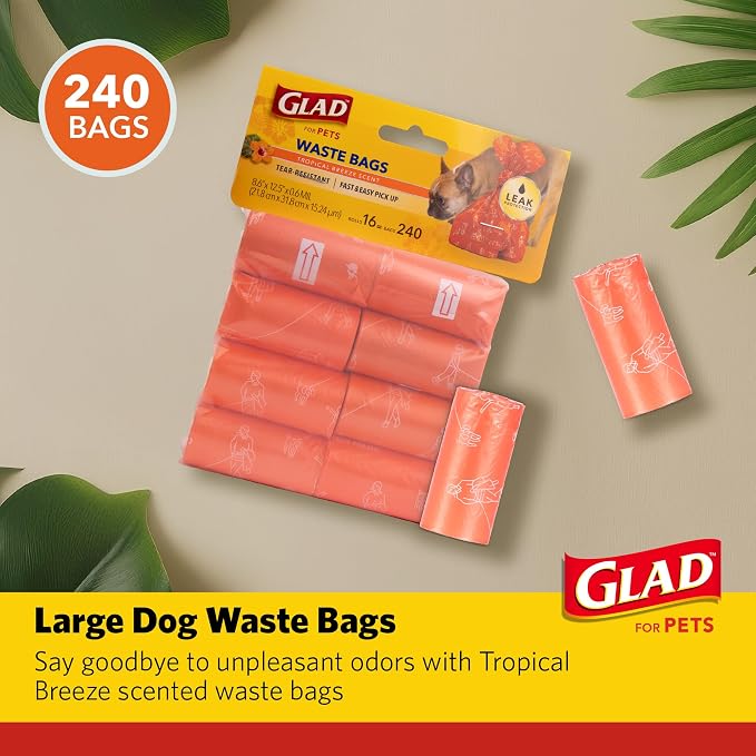 Glad for Pets Dog Waste Bags, Scented, Tear-Resistant and Leak Resistant, 16 Rolls, Heavy Duty Poop Bags for Easy Waste Cleanup, Tropical Breeze Scent, 240 Total Bags