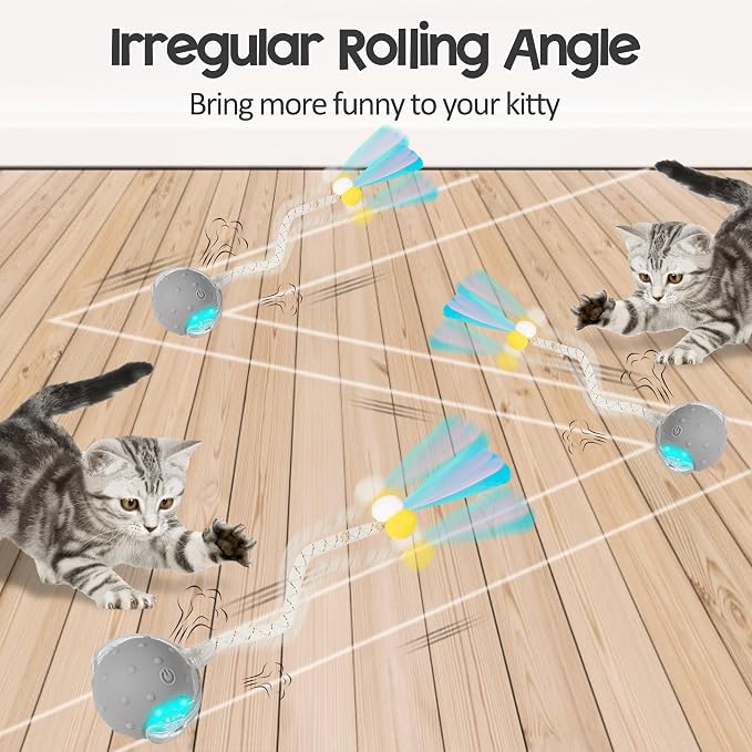 Interactive Cat Toys Ball,Automatic Moving Ball Toy,Rechargeable | Smart Electric Moving Stimulating with Two Elastic Mesh Tails, Chirping & Obstacle Avoidance and Motion Activated, Grey