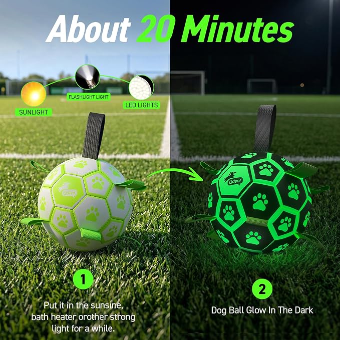 QDAN Glow in The Dark Dog Toys, Dog Soccer Ball with Straps, Night Play Fun | Light Up Dog Balls for Large Dogs, Interactive Training Dog Tug Toys for Tug of War, 8 Inch, 30-90 lbs Puppy Ball, Dog Gifts