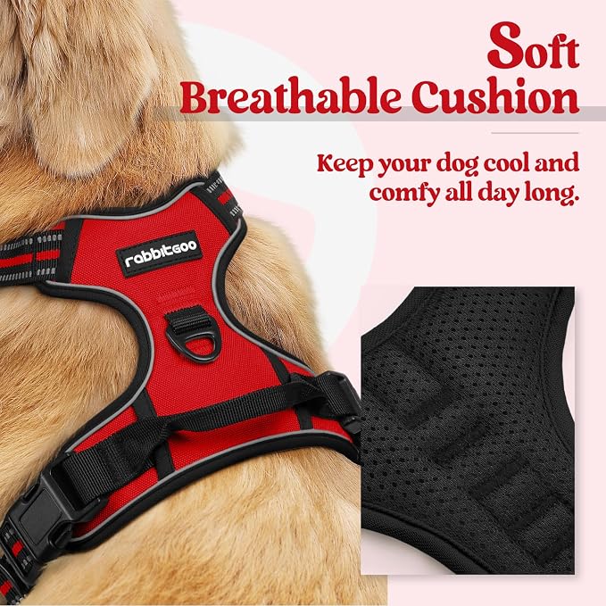 rabbitgoo Dog Harness, No Pull Medium Sized with 2 Leash Clips, Pet Vest | No Choke with Handle, Adjustable Soft Padded, Reflective, Easy Control for Walking, Red, Medium