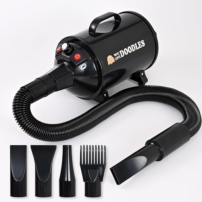 Dog Hair Dryer, High Velocity Blow Dryer & Pet Blower for Grooming, Black | Adjustable Speed & Temperature Settings, Powerful Force Dryer Motor, Dries Fast & Fluffs Out Undercoat, Doodles & Poodles