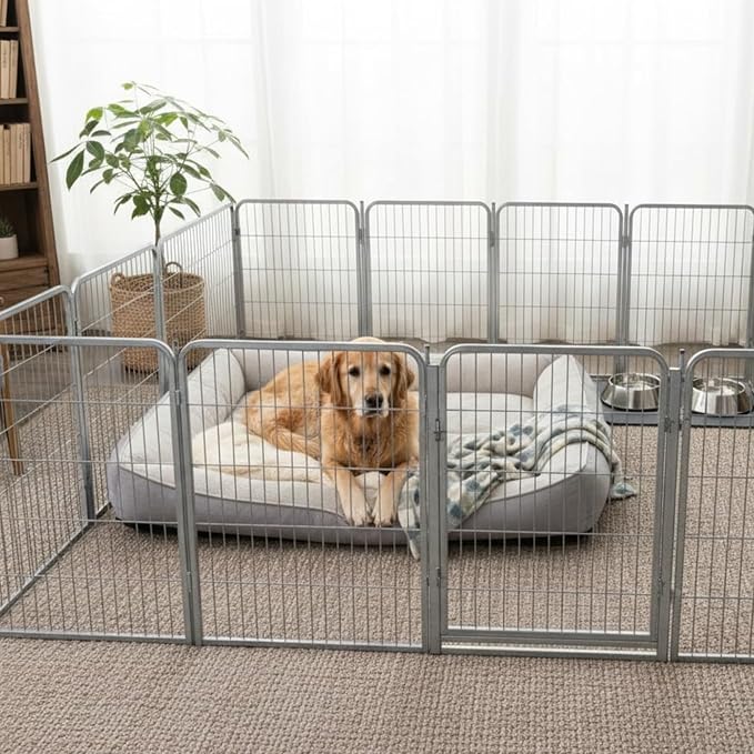 Indoor Dog Playpen - 24 inch, 12 Panels for Small and Puppy Size Dogs - Play Pen w/Extra Wide Gate - Heavy Duty Metal Portable Pet Fence with Grey Anti-Rust Coating