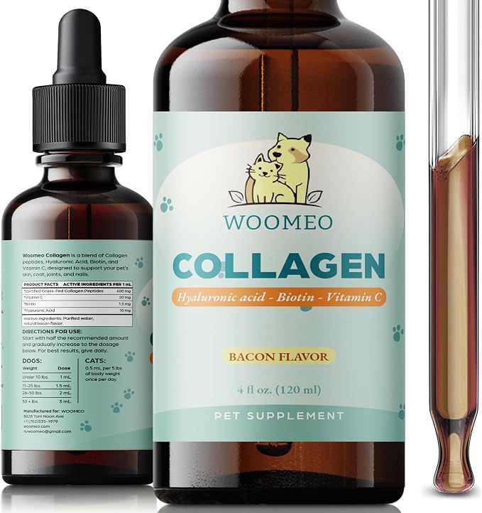 Liquid Collagen for Dogs & Cats with Hyaluronic Acid, Biotin & Vitamin C – Pet Collagen Supplement Drops, Bacon Flavor, Skin & Coat Support, Easy Liquid Dropper, 4 fl oz