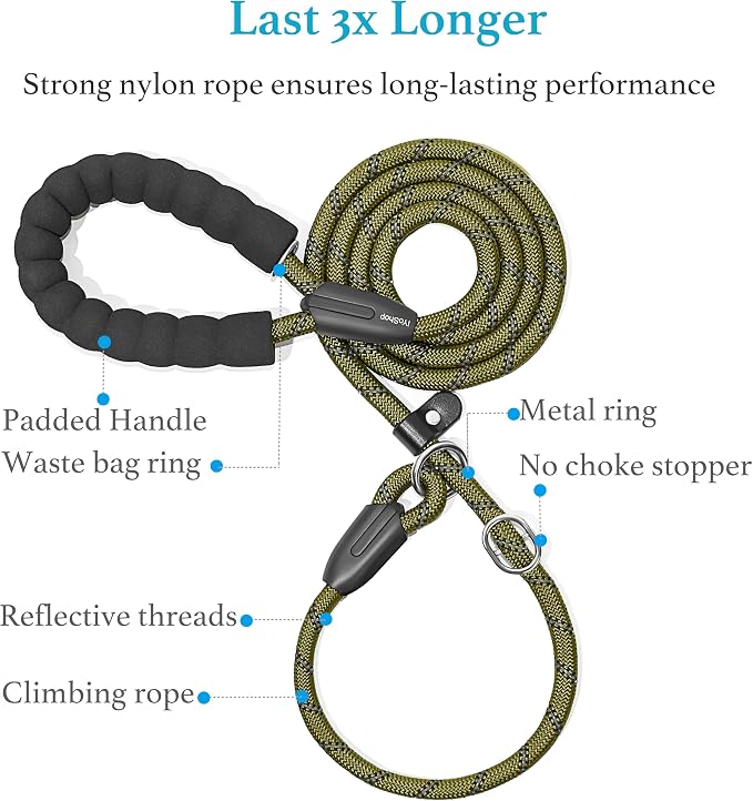 iYoShop Durable Slip Lead Dog Leash, 1/2" x 5 FT, Military Green | Padded Handle, Reflective Threads, No Pull, Dog Training Leash