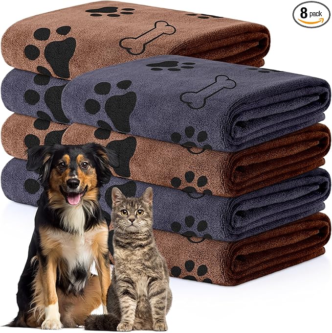 Chumia 8 Pcs Dog Towels for Drying Dogs Cats Pet Towels Bulk Puppy Microfiber Fast Drying Paw Bath Bathing Supplies Absorbent for Medium Pets(40 x 24 Inch,Dog Paw and Bone,Brown, Gray)