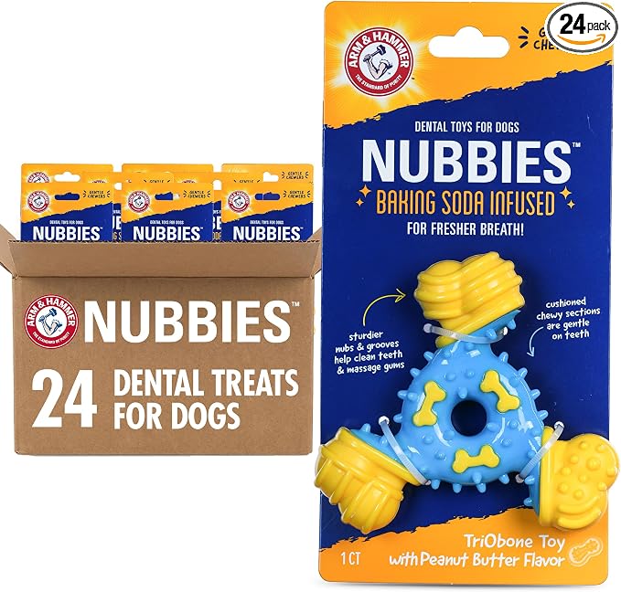 Arm & Hammer Nubbies TriBone Dental Dog Chew Toy, Peanut Butter, 24-Pk | Nylon and TPR construction, baking soda infused, reduces plaque and tartar buildup, ideal for moderate chewers