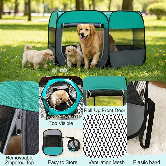 Dog Cat Playpen, Pet Playpen Indoor for Dog Crate Tent Cage Outdoor Foldable Dog Enclosure, Green Large