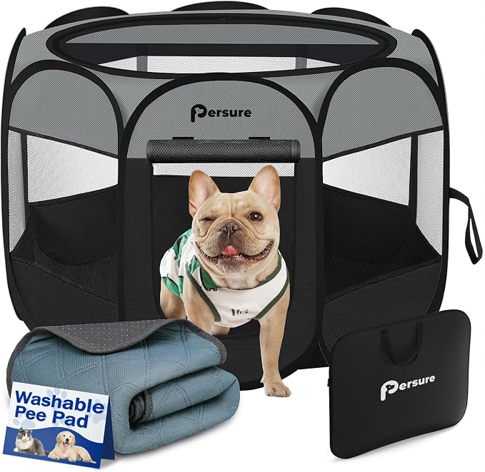 Dog Cat Playpen Indoor Outdoor for Puppy Pet Dogs Cat Recovery After Surgery, Dog Tent Crates Cage Indoor/Outdoor, Portable Pop Up Kennel with Carrying Case for Travel (Dark Grey with Pad, Small)