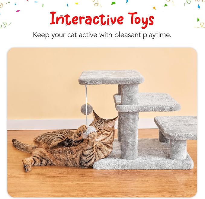 15''H Multi-Step Pet Stairs for High Beds & Sofas, 3-Step Cat Stairs with 2 Toy Balls, Wide Boards for Indoor Kittens Dogs Pets Climbing, Light Grey