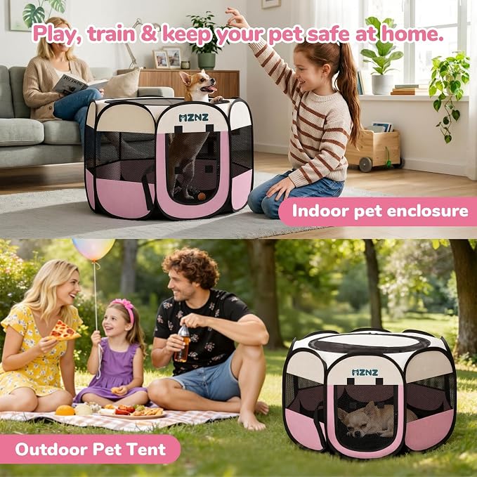 Dog Playpen, Portable Puppy Pet Crate Indoors for Small/Medium/Large Dogs Cats Rabbits, Foldable Dog Cage Enclosure for Outdoor, Pop Up Dogs Tent Kennel with Carrying Case, Pink