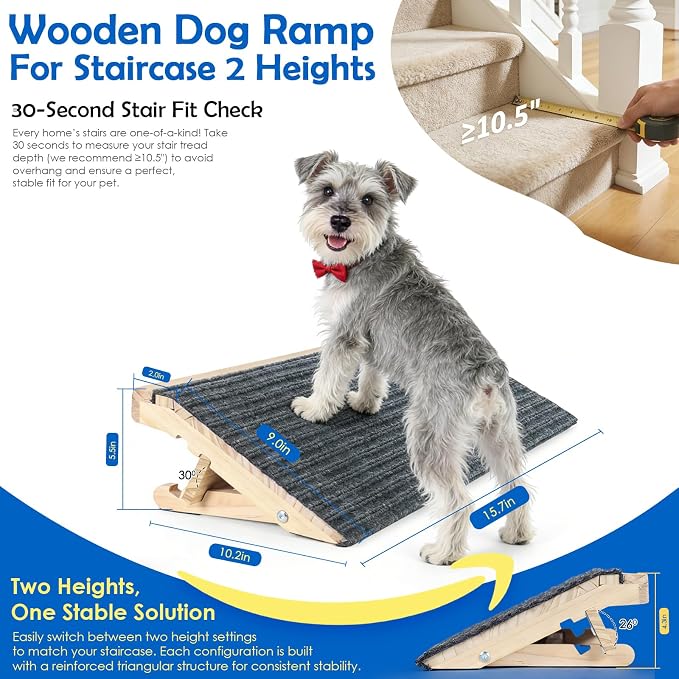 Adjustable Dog Ramp for Stairs, Foldable Wooden Dog Steps Anti-Slip | 4 Pack, Switch 4.3" or 5.5" Height, No Assembly, Gentle on Joints, for Senior & Injured Dogs, Natural Wood, 170 lbs