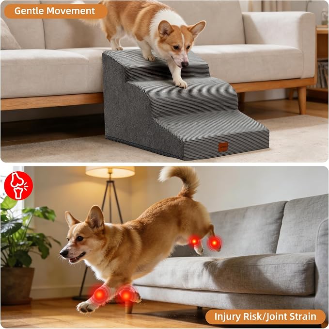 Dog Stairs for Small Dogs,15.7" H,3-Step Curved Pet Ramp for Bed Couch Sofa and Chair,Non-Slip Pet Steps for Injured & Senior Pets with Washable Cover and Durable High Density Foam,Grey