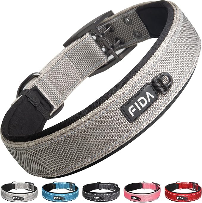 Fida Heavy Duty Dog Collar for Large Dogs with Metal Belt Buckle, Grey | 1.5" Width, Soft Neoprene Padded, Thicker Nylon Webbing, Adjustable Fit, Reflective Stitching for Night Safety