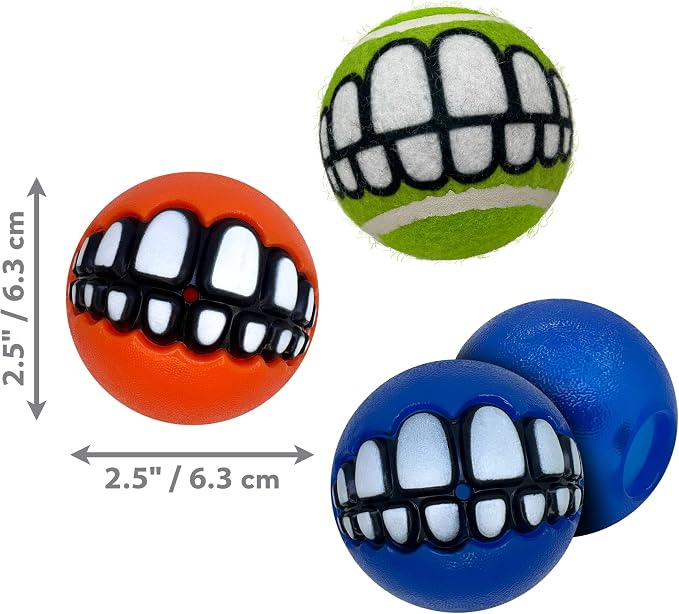 KONG Grinz by Rogz Variety Packs - Durable Bouncy Balls with Grinz Teeth - Smiley Face Dog Toy (Medium (6 Pack))