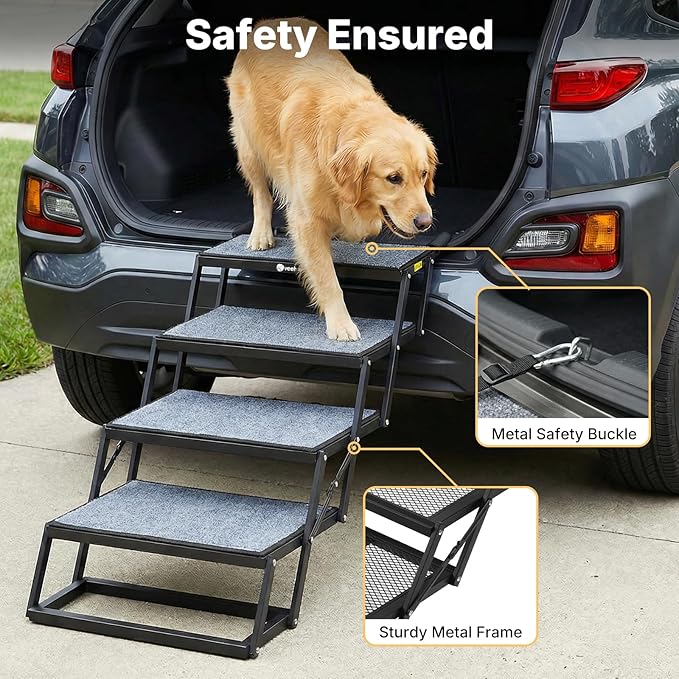 Veehoo Collapsible Dog Stairs for Large Dogs Extra Wide, 4 Steps Folding Dog Steps for Car Truck SUV 20" Wide, Heavy Duty Pet Loader Ramp Ladder Portable with Non Slip Surface, Support up to 200lbs