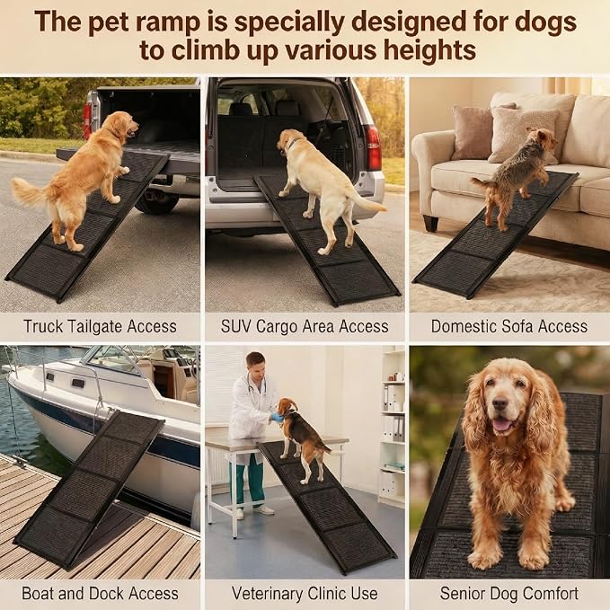 65 Inch Folding Dog Ramp, Anti-Slip Portable Pet Ramp, Aluminum Frame 250LBS Capacity, 4-Fold Lightweight Dog Ramp for Cars SUV & Home, Joint Protection for Senior & Large Dogs