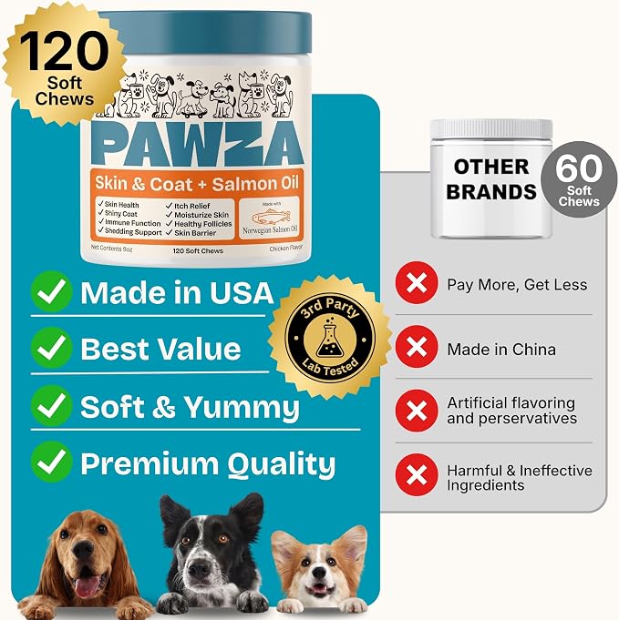 Skin & Coat + Salmon Oil Supplement for Dogs – Norwegian Salmon Oil with Omega 3, Biotin & Zinc per Serving – Supports Healthy Skin & a Soft, Shiny Coat – 120 Soft Chews