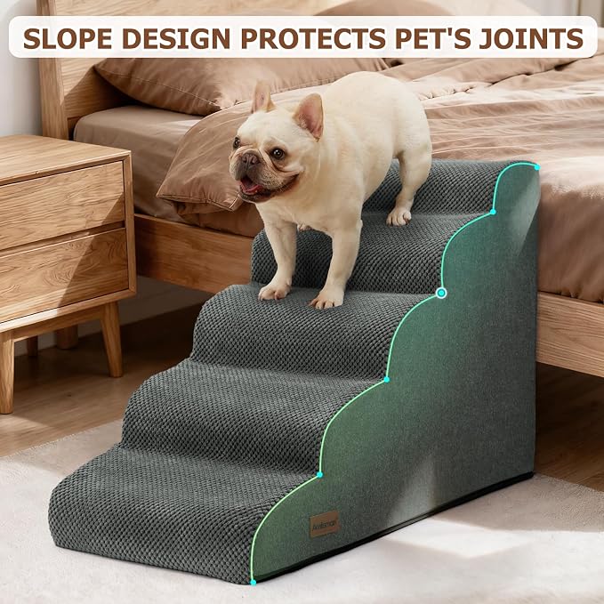 Aodisman Dog Stairs for Bed 22.4”H,5-Step Dog Ramp for Small Dogs & Cats,Pet Steps for Dogs to get on High Bed, Indoor Anti-Slip Pet Stairs for Old Cats and Puppy,Grey