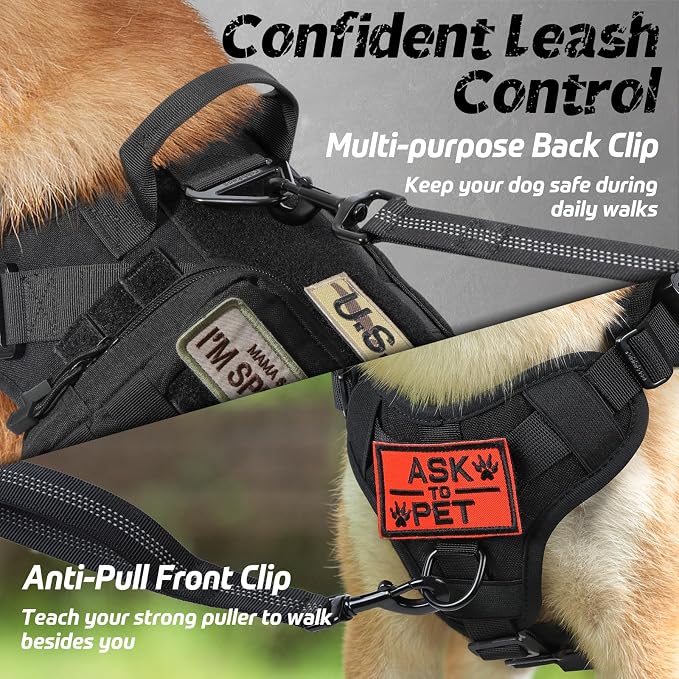 rabbitgoo Tactical Dog Harness and Leash for Large Dogs, Heavy Duty Dog Harness with Handle, No-Pull Service Dog Vest Large Breed, Adjustable Military Dog Vest Harness for Training Hunting Walking