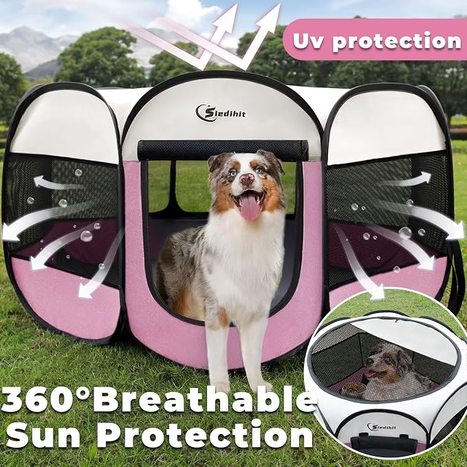 Siedihit Pink Puppy Playpen for Large Dog Cat, Dog Tent Crates Cage Indoor/Outdoor, Portable Pop Up Dog Kennel with Carrying Bag for Rabbits, (Pink, Large)