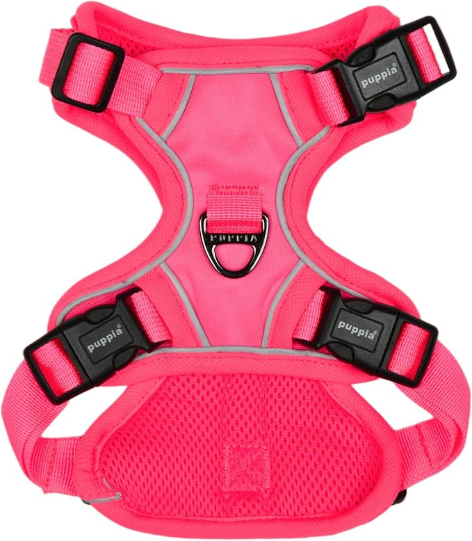 Puppia Neon Dog Harness H Sturdy Adjustable Neck and Chest Reflective Front and Back D-Ring for Small and Medium Dogs, Pink, Medium