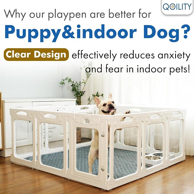 12 Panels Clear Dog Playpen, Modular 2 Room & Toilet Area, Height 30", Ideal for Small & Toy Dogs, White