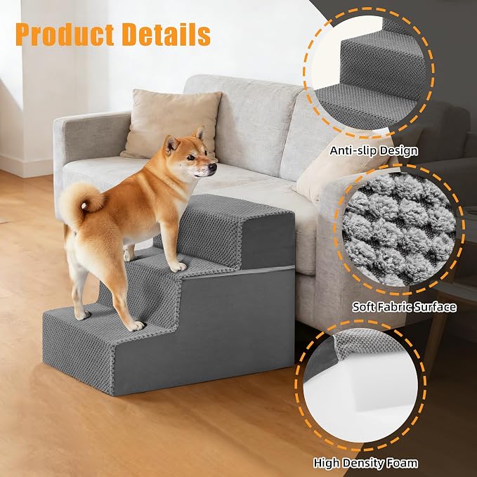 3-Step Dog Stairs for Small Dogs and Cats, 14" H Dog Steps for Couch, Sofa, Chair, Non-Slip Sturdy Pet Steps, Pet Ramp for High Bed Indoor, Grey