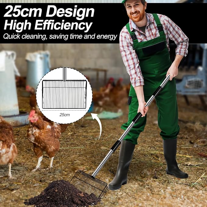 10 inch Large Chicken Poop Scooper for Sand for Shavings 74" Heavy Duty Pooper Scooper Long Handle Chicken Coop Scoop for Cleaning Tools and Rake 5-in-1 Sifting Shovel for Chicken Scoop supplies