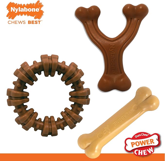 Nylabone Power Chew Customer Favorites Dog Chew Toys, 3 Count, Small | Flavor Medley, peanut butter, and beef flavor, durable dog toys for aggressive chewers, for large breeds up to 25 lbs