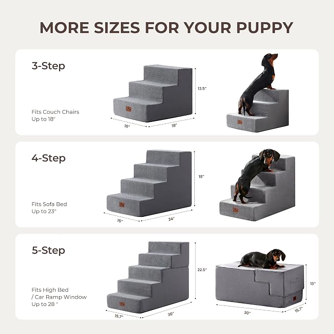 Dog Stairs for Small Dogs, 3-Step 13.5" H Ramp for Couch and Bed, Non-Slip Foam Pet Stairs for Indoor Living Room Bedroom Side, Grey