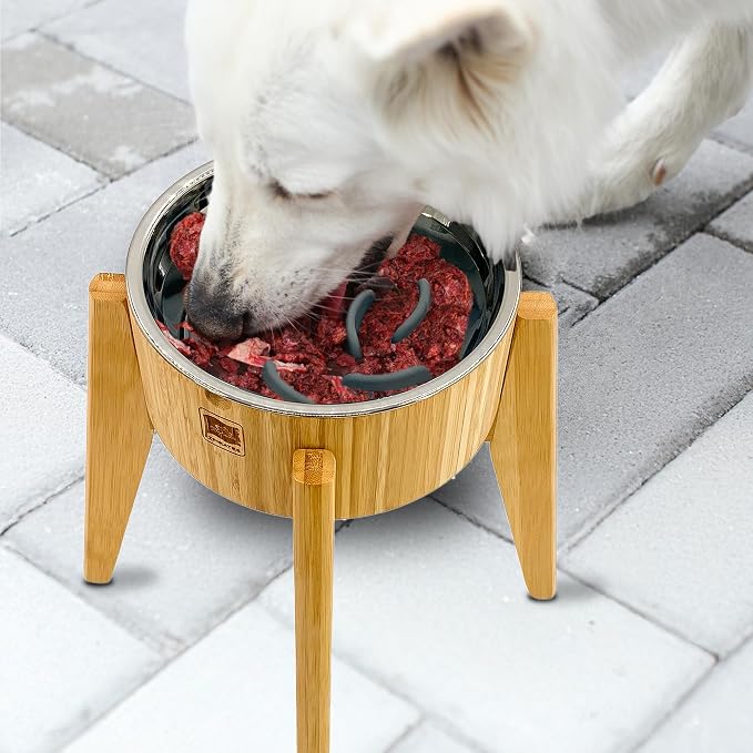 Elevated Slow Feeder Dog Bowls Large Breed - (12-inch-high) - Raised Bowl with Anti-Choking Insert - Stainless Metal and Bamboo