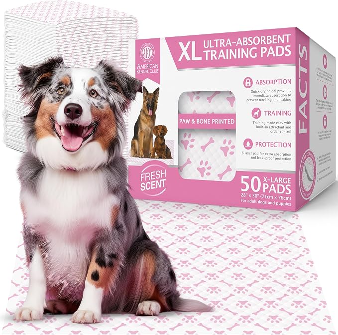 American Kennel Club Paw and Bone Print Training Pads for Dogs, 50 Count, 30" x 28" XL Fresh Scented, Absorbent Leak-Proof Dog Pee Pads in Box, Pink