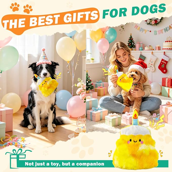 Fuufome Plush Cake Dog Toy | No Stuffing, Squeaky & Crinkle Interactive Puppy Chew Toy for Small Medium Dogs, Birthday Gift