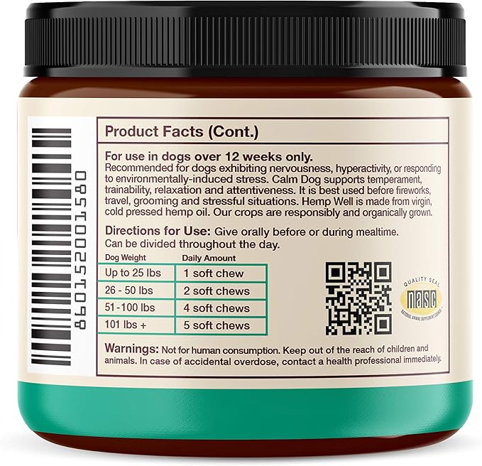 Hemp Well Calm Soft Chews for Dogs, Organic Stress Relief for Pets, 120ct