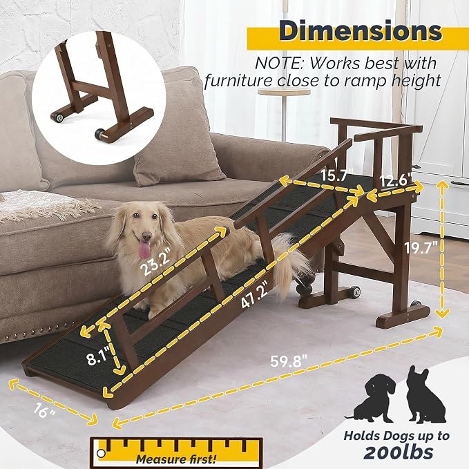 Dog Ramp for Bed or Couch, Wooden Pet Ramp with 20° Gentle Slope, Removable Side Rails, Non-Slip Surface, Top Platform & Wheels, Safe Bed Ramp for Small, Large & Senior Dogs, 60" Long, Walnut