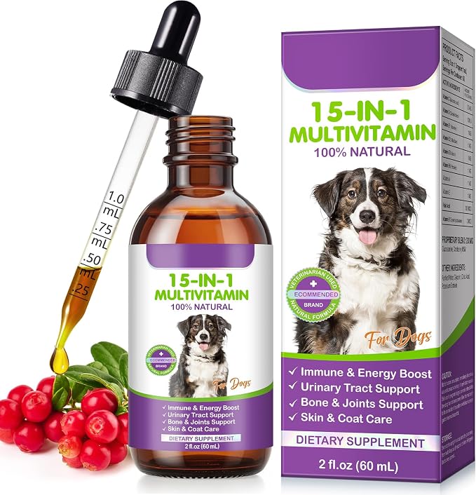 Dog Multivitamin Drops, 15 in 1 Multivitamin Liquid for Dog with Vitamin C-20 Mg, Vitamin D-100 Iu & B1-3,Dog Health Supplements for Skin Care, Joints & Hips,Gut