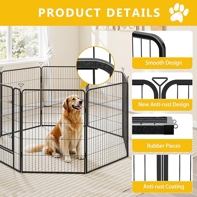 Outdoor Dog Playpen, Metal Fence with Gate, 32in, 16 Panels, Black Silver