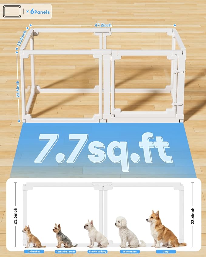 Clear Acrylic Dog Playpen Indoor,Tool-Free Assembly & Easy Clean,24 in Puppy Playpen with Door for Small Dogs/Cats/Rabbits/Pigs/Ferret,Indoor and Outdoor Use,6 Panels(White
