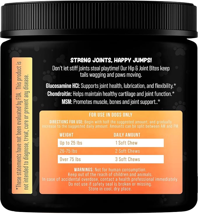 Hip & Joint Mobility Dog Vitamins and Supplements (120 Ct) Dog Bites Soft Chews Treats with Glucosamine Chondroitin MSM Turmeric Omega 6 Dog Joint Supplement for Small Medium Large Dogs