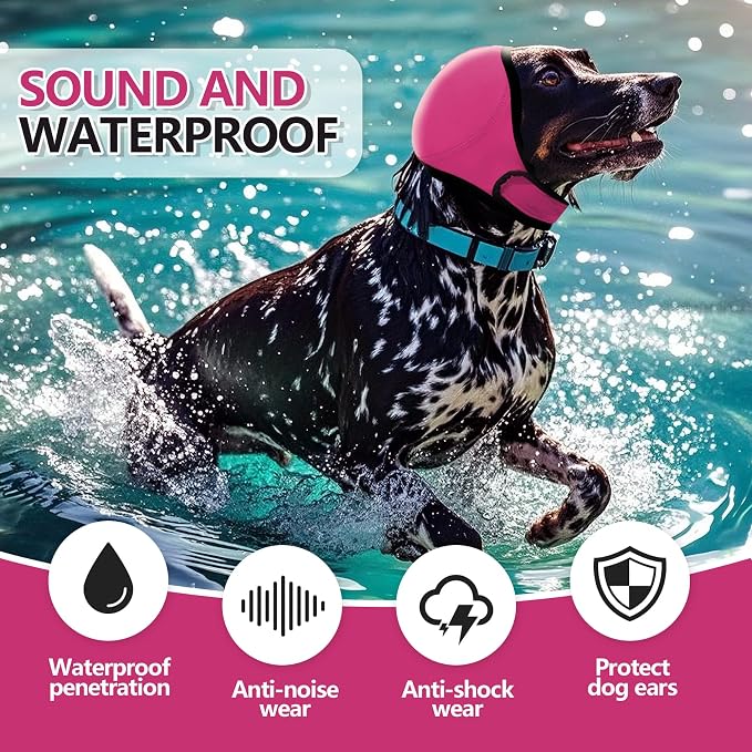 Waterproof Dog Bath Ear Covers & Calming Dog Snood – Aimosheng Reusable, Adjustable Anxiety Relief for Swimming, Grooming, Thunder & Fireworks Fuchsia L