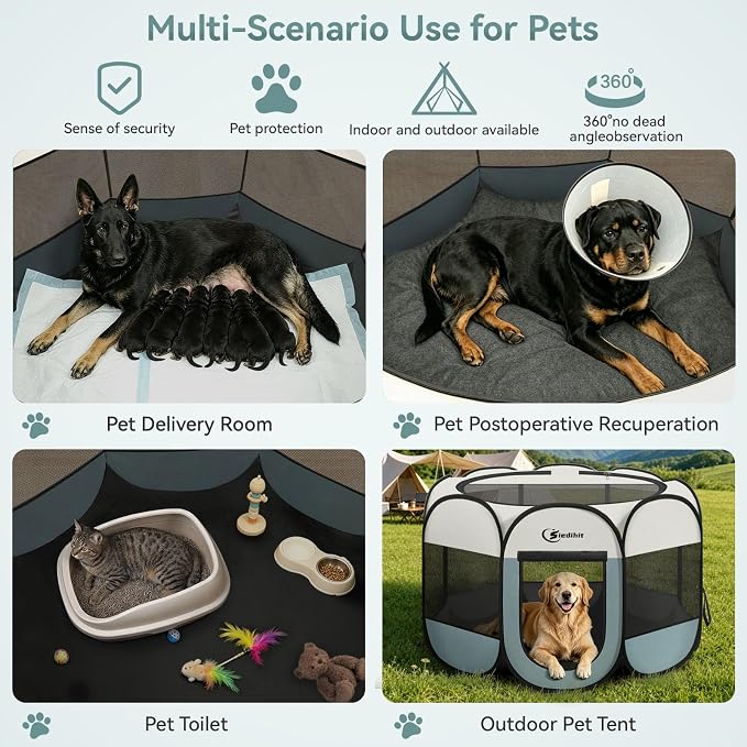 Siedihit Playpen for Extra Large Dog Cat, Dogs Tent Crate Cage Indoor/Outdoor, Portable Pop Up Dog Kennel with Carrying Bag for Rabbits, Removable Top (Grey, Extra Large)
