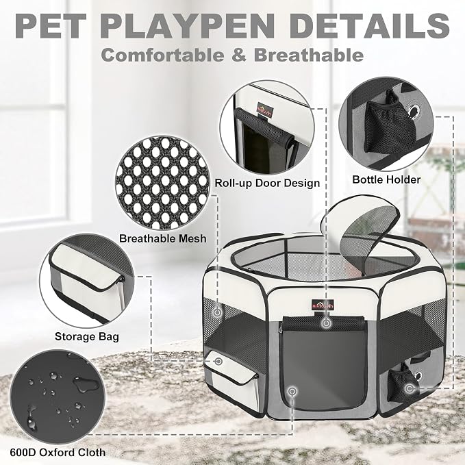 Aivituvin Dog Playpen, Foldable Waterproof, Grey, XL
