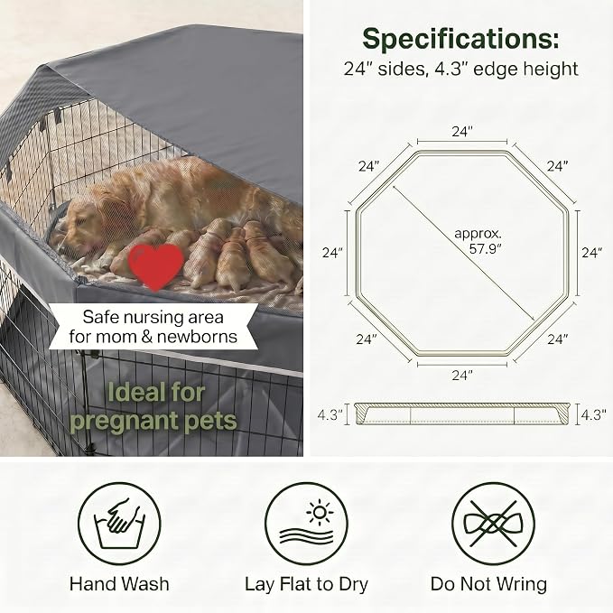 PJYuCien Octagonal Playpen Top Cover for 24" Side Metal Pet Pen, Half Mesh Half Oxford with Silver Coating & Snap Hooks, Predator & Weather Protection, Cozy Den for Puppy Small Animals, Gray