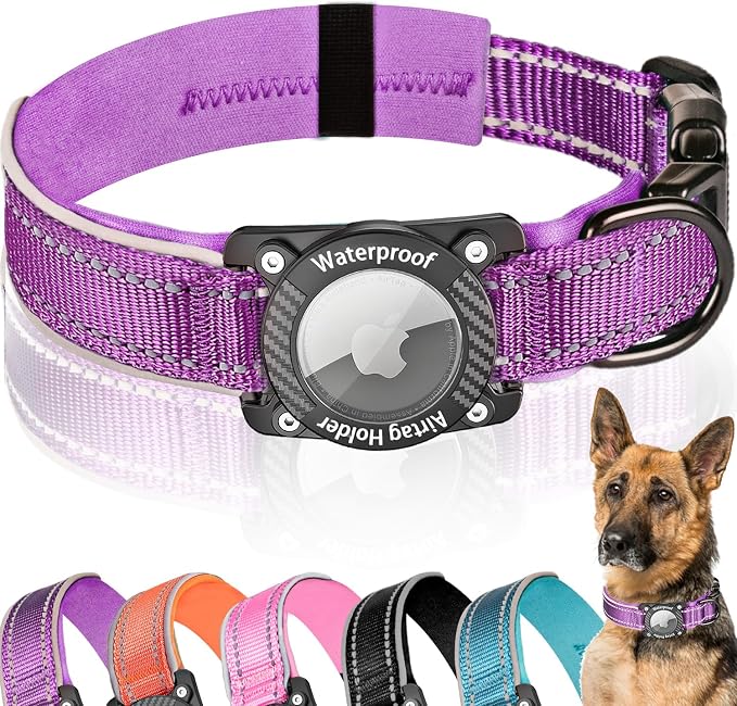 Upgrade Dog Collar with AirTag Holder, IP68 Waterproof, Purple, XL | 1000D Nylon, Reflective Stitching for Night Visibility, Adjustable Soft Padded, Ultra-Durable, for Small Medium Large Dogs