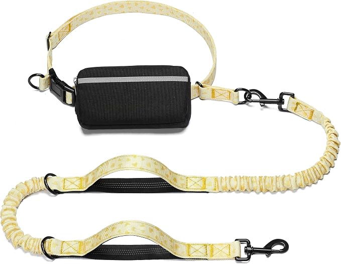 iYoShop Hands Free Dog Leash with Zipper Pouch, Yellow Heart, Large | Waist Leash, Dual Padded Handles, Shock-Absorbing Bungee, Adjustable Waist Belt, Walking and Running