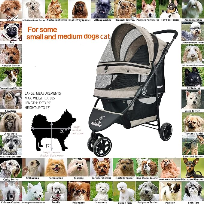 ROODO 3-Wheel Pet Stroller - Light Khaki, up to 30lbs