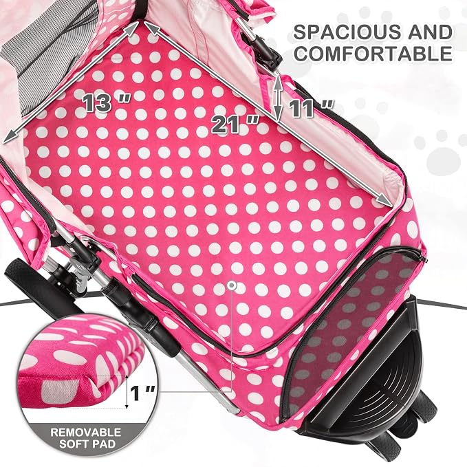 MoNiBloom 3-Wheel Foldable Pet Stroller - Hot Pink Polka Dots