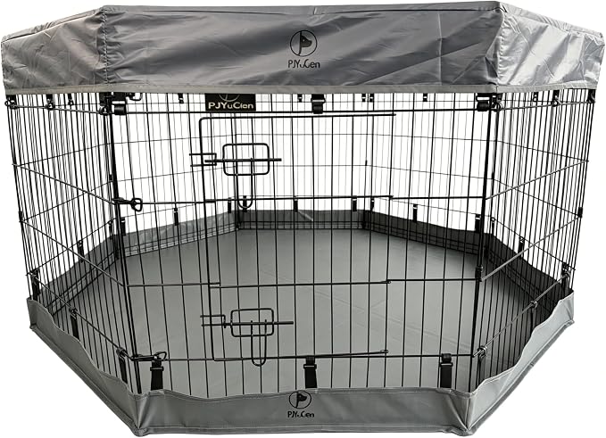 PJYuCien Octagonal Dog Playpen with Top Cover and Bottom Pad - Metal Foldable Exercise Pen, 8 Panels 30" H x 24" W Indoor Outdoor Pet Fence Puppy Crate Kennel, Gray