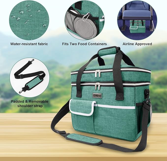 BAGLHER Dog Travel Bag, Double-Layer, with Food Containers & Bowls, Green